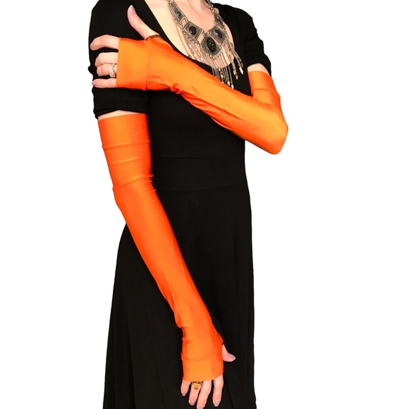 Long Costume Gloves Orange Cosplay Arm Sleeves Arm Warmers Shiny Nylon Stretchy - Picture 3 of 3